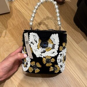 Anthropologie Black Velvet Pearl-Handle Floral Sequin Mini Bag